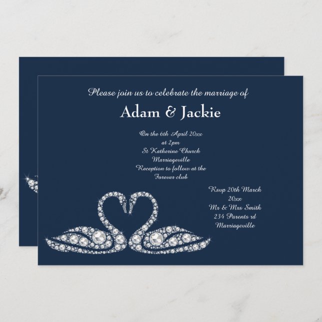 Navy Diamond SWAN  ELEGANT WEDDING Invitation (Front/Back)