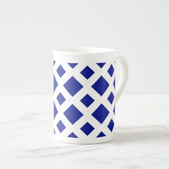 Navy Diamonds on White Bone China Mug (Front Right)