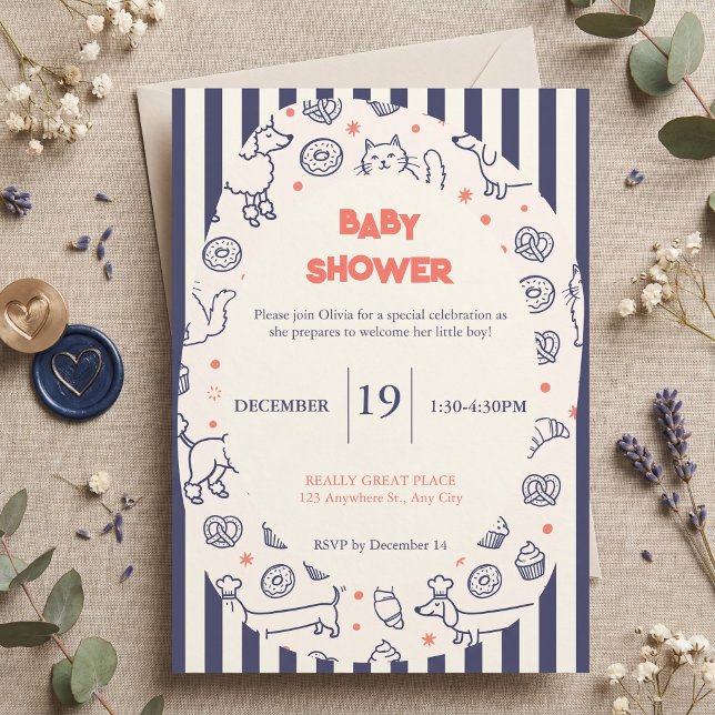 Navy Dog Cat Bakery Baby Shower Invitation (Creator Uploaded)