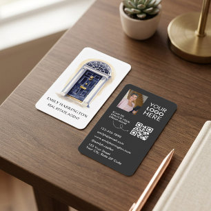 Navy Door Watercolor QR Code Real Estate Agent Business Card