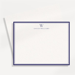 Navy Double Border Monogram Off-White Note Card