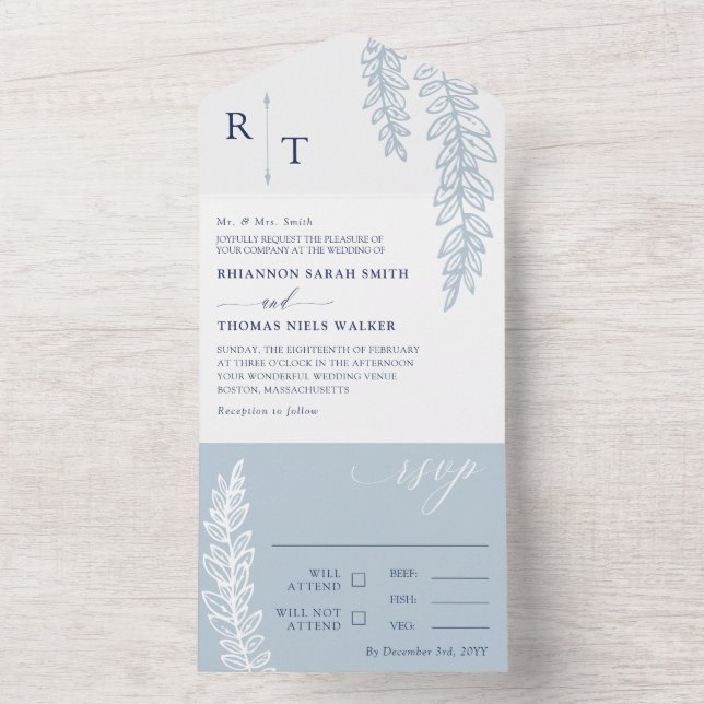 Navy & Dove Blue Greenery Monogrammed Wedding All In One Invitation (Inside)