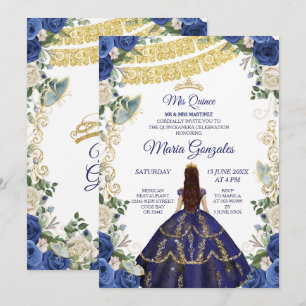 Navy Dress and Roses Mexican Girl 15th Birthday 1 Invitation