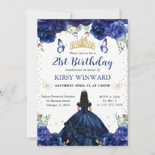 Navy Dress Black Hair Princess Birthday Invitation