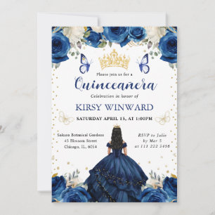 Navy Dress Black Hair Princess Quinceanera Invitation