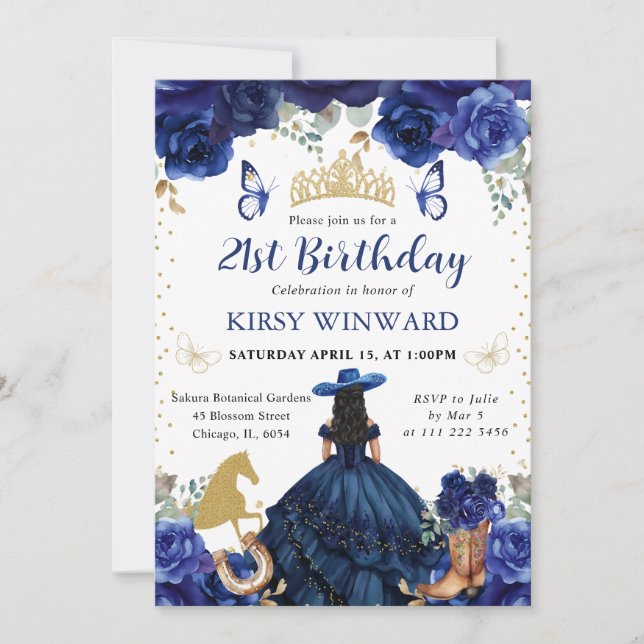 Navy Dress Black Hair Salon Princess Birthday Invitation (Front)