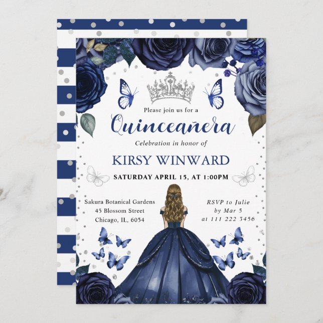 Navy Dress Blonde Hair Princess Quinceanera Invitation (Front/Back)