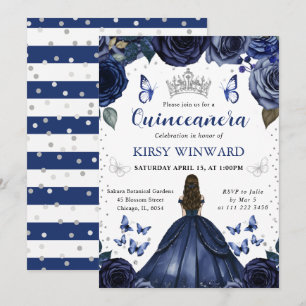 Navy Dress Brunette Hair Princess Quinceanera In Invitation
