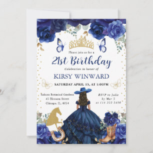Navy Dress Brunette Salon Princess Birthday Invitation