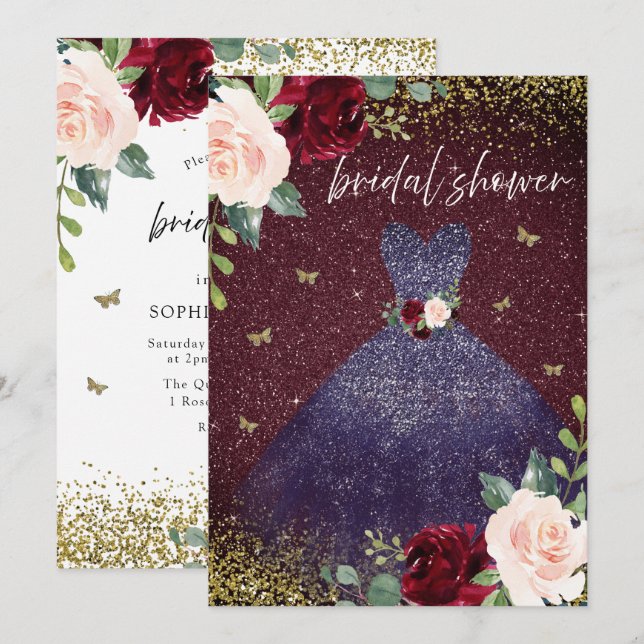 Navy Dress Burgundy Red Floral Bridal Shower Invitation (Front/Back)