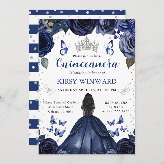 Navy Dress Dark Skin Princess Quinceanera Invitation (Front/Back)