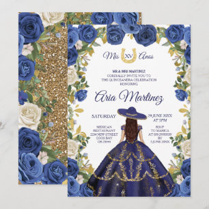 Navy Dress & Roses Mexican Girl Mis Quince 2 Invitation