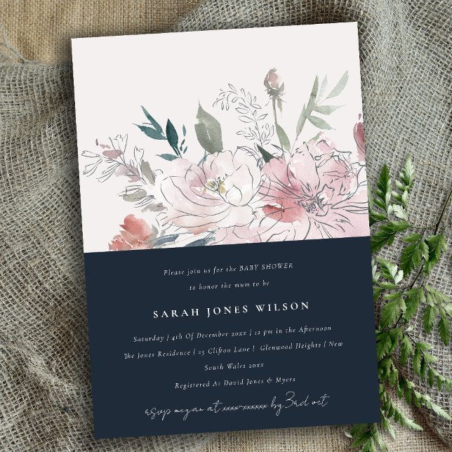 Navy Dusky Blush Watercolor Floral Baby Shower Invitation (Creator Uploaded)