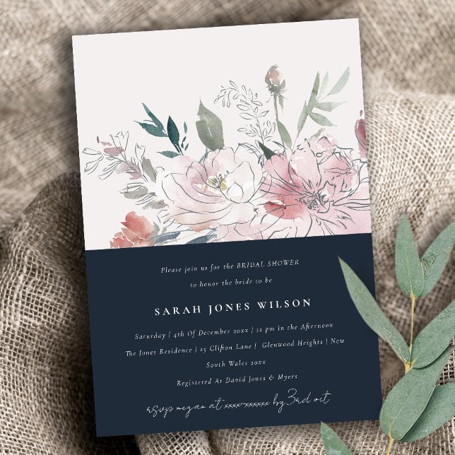 Navy Dusky Blush Watercolor Floral Bridal Shower Invitation (Creator Uploaded)