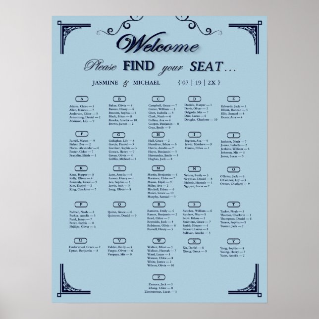 Navy Dusty Blue Alphabetical Wedding Seating Chart (Front)
