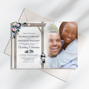 Navy, Dusty Blue & Blush Floral Photo Wedding Invitation