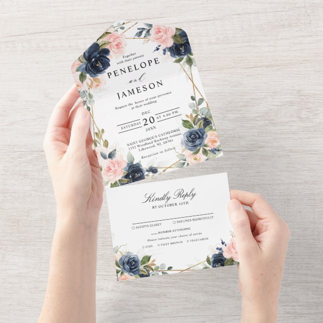 Navy Dusty Blue  Blush Geometric Wedding All In One Invitation (Tearaway)