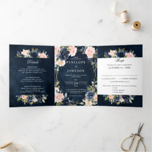 Navy Dusty Blue Blush Geometric Wedding Tri-Fold