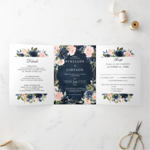 Navy Dusty Blue Blush Geometric Wedding Tri-Fold