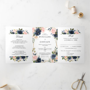 Navy Dusty Blue  Blush Geometric Wedding Tri-Fold Programme