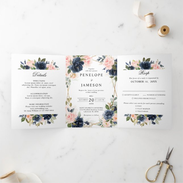 Navy Dusty Blue  Blush Geometric Wedding Tri-Fold Programme (Inside)