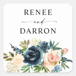 Navy & Dusty Blue Blush Pink Floral Square Sticker