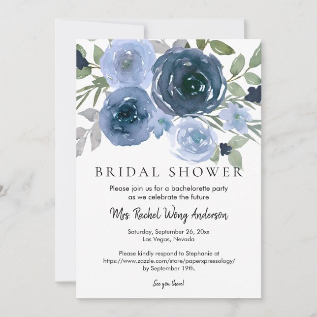 Navy Dusty Blue Boho Floral Photo Bridal Shower Invitation (Front)