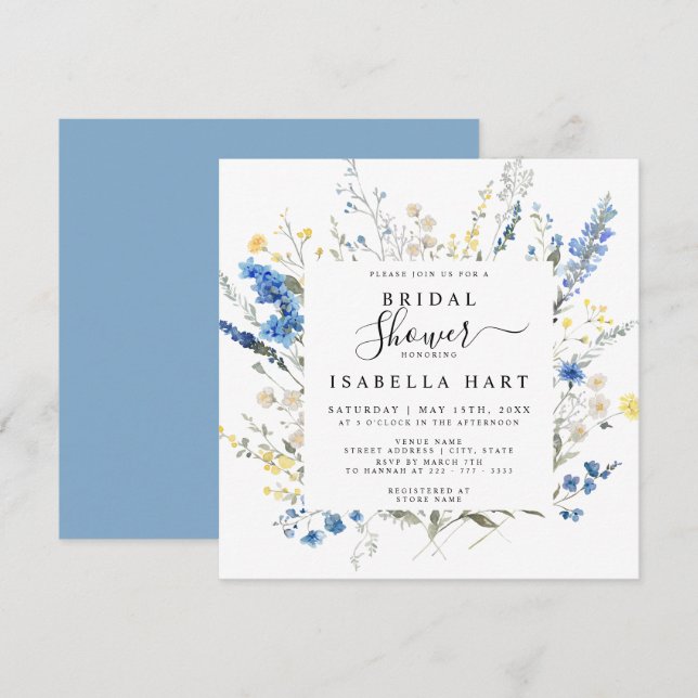 Navy Dusty Blue Dainty Wild Floral Bridal Shower Invitation (Front/Back)