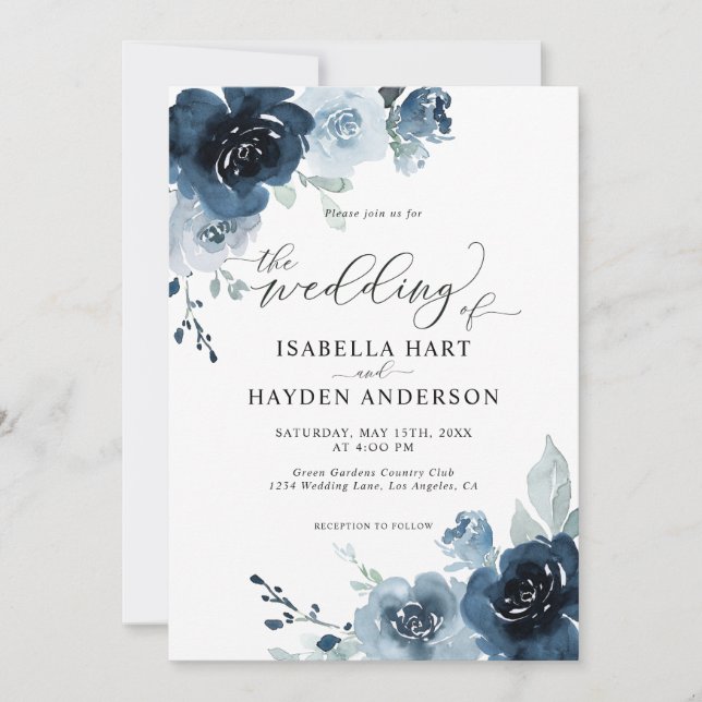 Navy Dusty Blue Dark Slate Floral Pastel Wedding Invitation (Front)