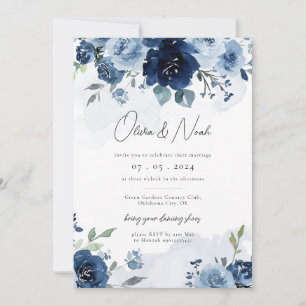 Navy Dusty Blue Elegant Floral Pastel Wedding Invitation