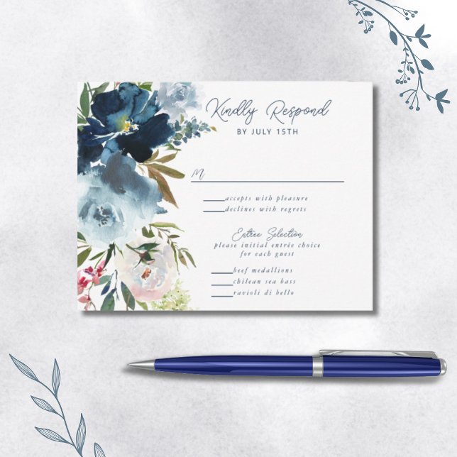 Navy & Dusty Blue Elegant Floral Watercolor RSVP Card (Creator Uploaded)