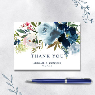 Navy & Dusty Blue Elegant Floral Watercolor Thank You Card