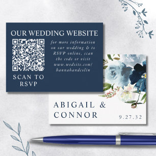 Navy & Dusty Blue Elegant Floral Watercolor Web QR Enclosure Card