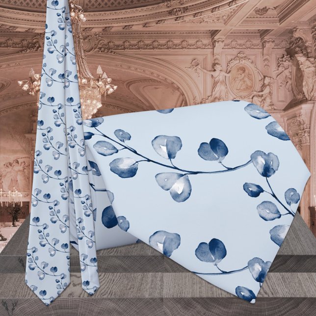 Navy & Dusty Blue Eucalyptus Elegant Wedding Tie (Creator Uploaded)