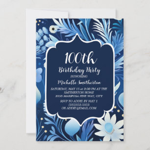 Navy Dusty Blue Floral 100th Birthday Invitation