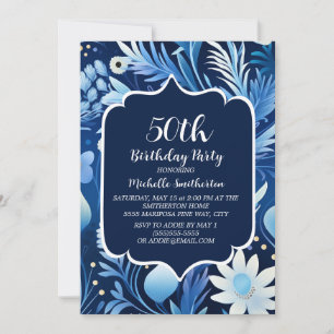 Navy Dusty Blue Floral 50th Birthday Invitation