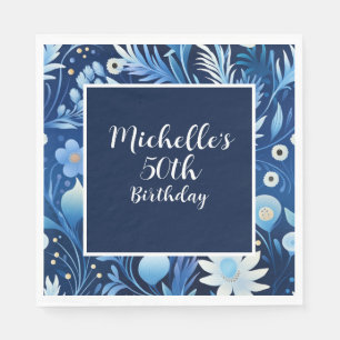 Navy Dusty Blue Floral 50th Birthday Napkin