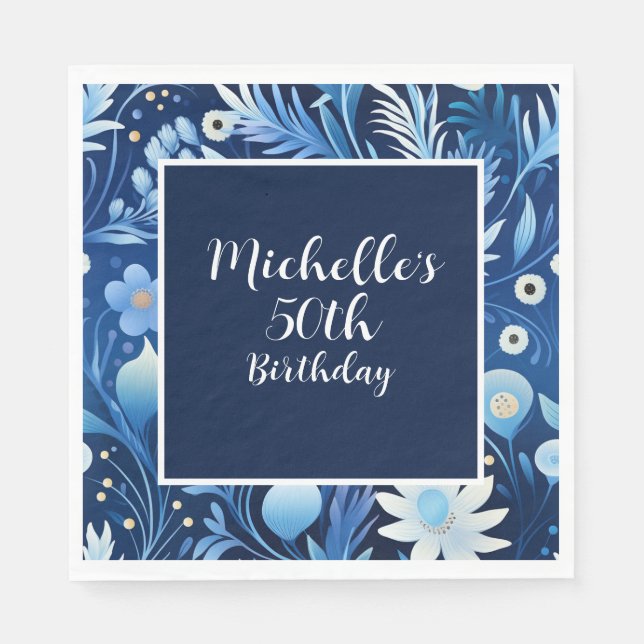 Navy Dusty Blue Floral 50th Birthday Napkin (Front)