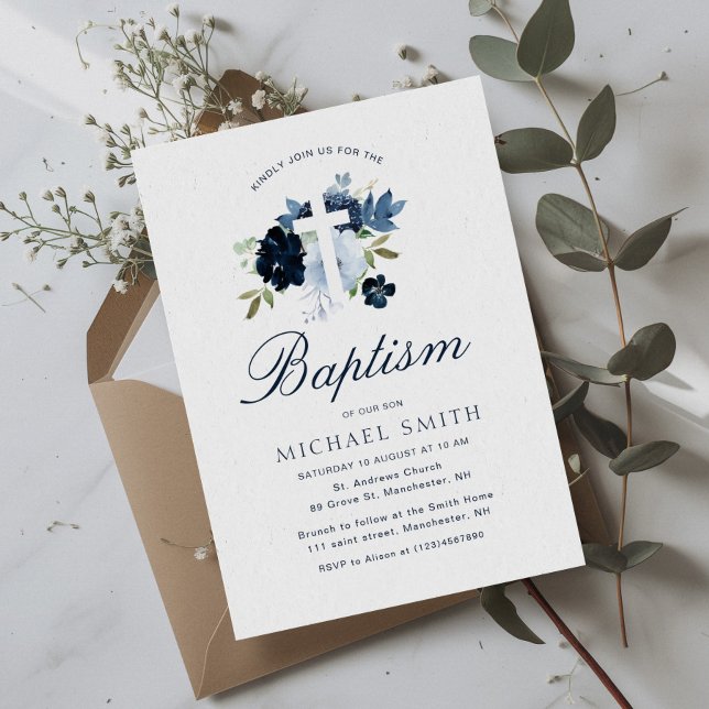 navy & dusty blue floral baptism invitation (Creator Uploaded)