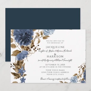 Navy Dusty Blue Floral Earthy Foliage Wedding Invitation