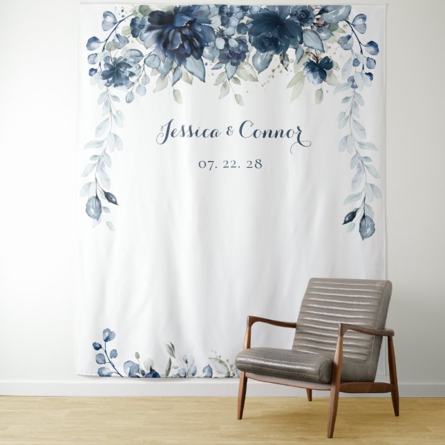 Navy Dusty Blue Floral Eucalyptus Greenery Wedding Tapestry (In Situ)
