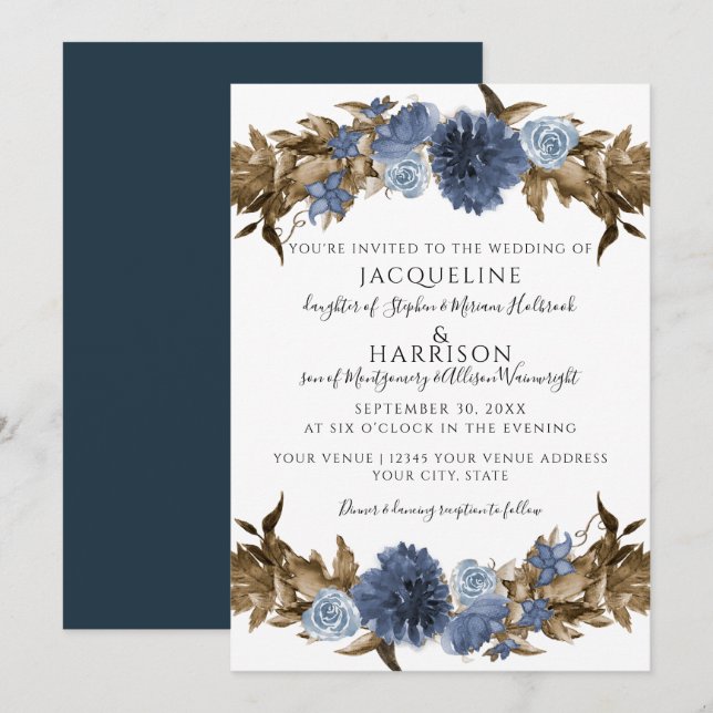 Navy Dusty Blue Floral Fall Sepia Greenery Wedding Invitation (Front/Back)