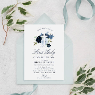 navy & dusty blue floral first communion invitation