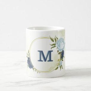 navy dusty blue floral greenery  coffee mug