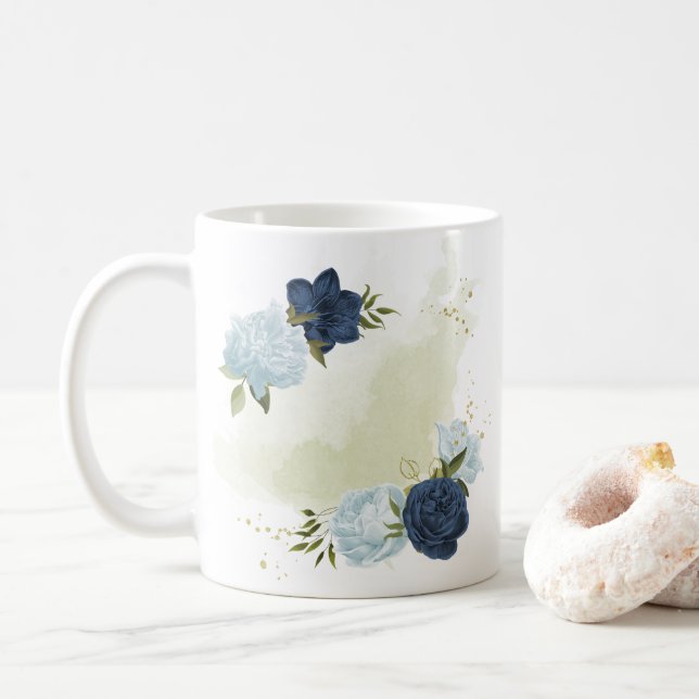 navy dusty blue floral greenery  coffee mug (With Donut)