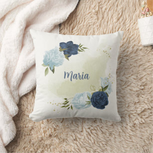 navy dusty blue floral greenery  cushion