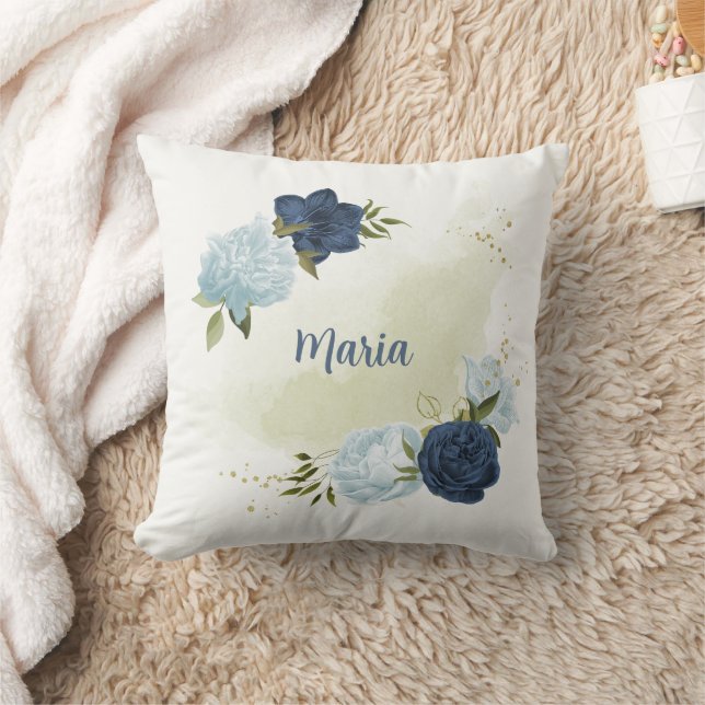 navy dusty blue floral greenery  cushion (Blanket)