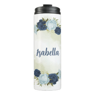 navy dusty blue floral greenery  thermal tumbler