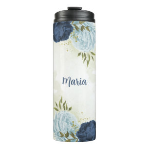 navy dusty blue floral greenery  thermal tumbler