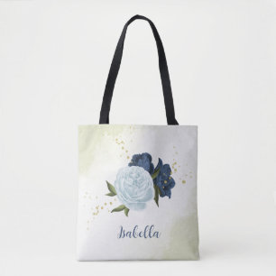 navy dusty blue floral greenery  tote bag